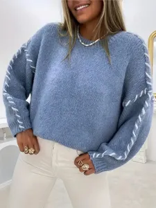 Women casual blue knit sweater with white side lacing, crew neck long sleeve pullover top.