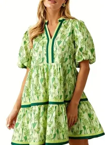 Green floral print puff sleeve tiered mini dress with v-neck for women summer chic.
