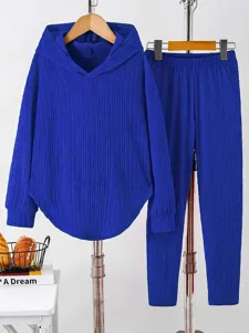 Blue pleated tracksuit detail, women long sleeve hooded sweatshirt and pants lounge set.