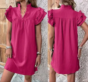 Donna Estate Casuale Scollo V Doppia Volant Manica Vestito Magenta Stile Maglione
