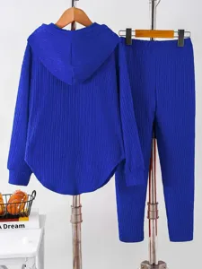 Blue solid color long sleeve hooded sweatshirt and pants casual two-piece lounge suit set detail