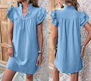 Donna Estate Collo a V Maniche a Volant Multi-Strato Vestito Elegante Casual Nuovo