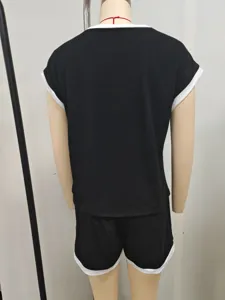 Women casual pajama set summer short sleeve crew neck top and shorts black white trim
