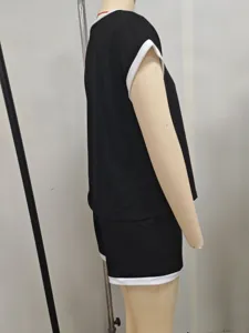 Women summer casual pajama set short sleeve top and shorts black white colorblock outfit