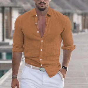 Casual men's long sleeve linen shirt with lapel collar for summer beach holiday wear detail.
