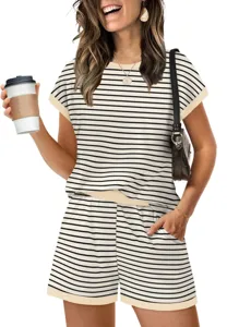 Women summer striped short sleeve top and shorts set casual loose loungewear pajama outfit.