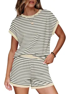 Detailed view of the summer casual striped short sleeve top and shorts lounge set.