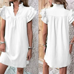 Donna bianco volant manica corta colletto V mini abito estivo casual sciolto pullover