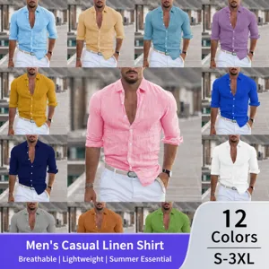 Men's Casual Cotton Long Sleeve Turn Down Collar Shirt Solid Color Loose Fit Beach Holiday Button Down Shirt