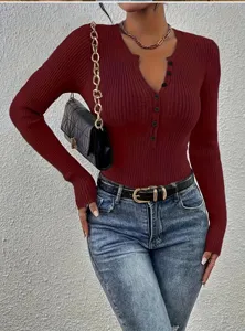 Vrouwen casual slim fit lang mouw geribbelde gebreide truien top met V-hals voor dagelijks.