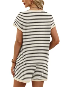 Black white striped lounge set back view casual summer pyjamas short sleeve top and shorts.