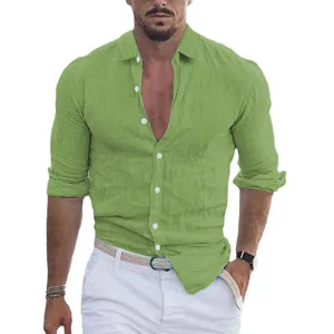 Men's long sleeve linen shirt casual solid color beach button down shirt top for summer.