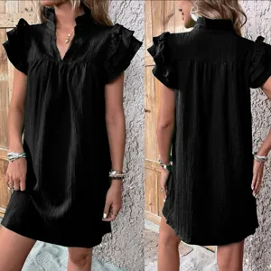 Donna Nero Vestito Corto Scollo V Maniche Volant Elegante Moda Estiva Casual Chic