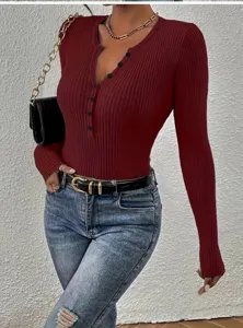 Dames effen geribbelde longsleeve slim fit gebreide top, stijlvol casual pullover shirt.