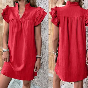 Donna estate scollo a V maniche a volant multistrato vestito pullover casual rosso