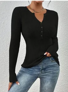 Zwart geribd shirt met lange mouwen en v-hals knopen slim fit casual basic trui top.