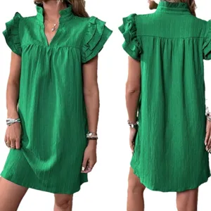 Donna estate casual verde collo v maniche corte volanti mini abito stile tunica chic