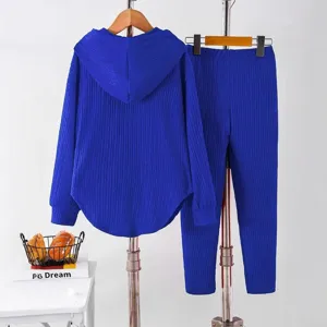 Women solid color casual lounge set long sleeve hooded sweatshirt and trousers two piece outfit