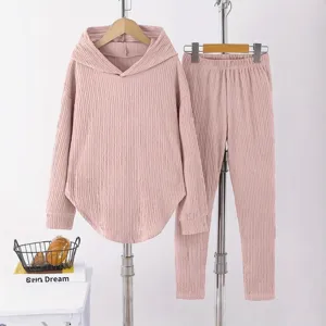 Women solid color long sleeve hooded sweatshirt and trousers loungewear set casual two piece.
