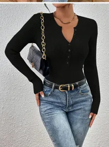 Vrouwen effen kleur slim fit lange mouw geribde gebreide top casual dagelijkse mode