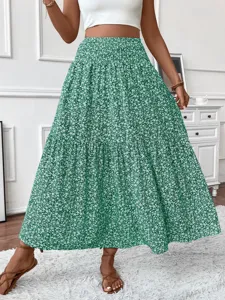 Stunning green floral tier long skirt with high waist design for elegant women style.