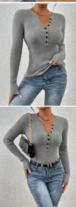 grijs geribbelde lange mouw gebreide trui voor vrouwen slim fit v-hals casual top