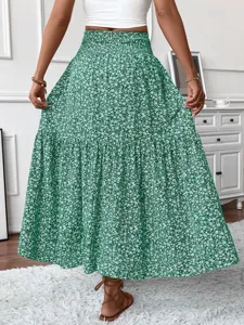 Green floral tiered long skirt detail view, high waist casual daily women clothing apparel.