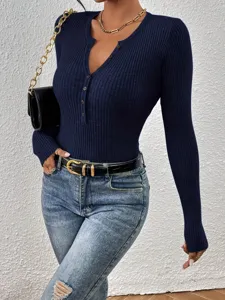 Dames slim fit geribbelde lange mouw gebreide top effen casual trui modieuze outfit