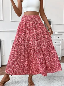 Red floral tiered maxi skirt with high waist design, elegant casual long skirt for women.