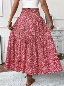Red floral tiered long skirt for women, high waist summer boho maxi skirt with chic ruffle hem.