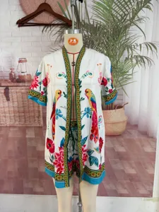 Damen Tropisch Blumenmuster Kurzarm Cardigan Oberteil und Shorts Zweiteiler Mode
