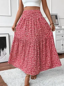 Red floral tiered maxi skirt detail shot, high waist design, elegant casual summer style.