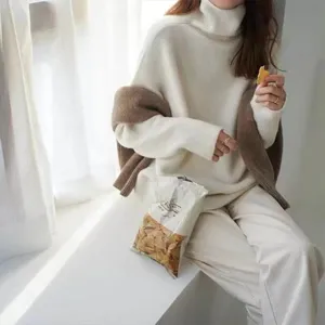 Femme pull ample décontracté à col roulé automne hiver couleur unie manches longues.