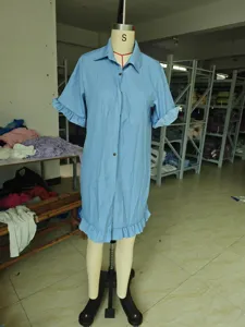 Blue lettuce edge short sleeve shirt dress, casual spring summer denim style fashion.