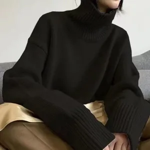 Femme pull noir col roulé épais ample tricot hiver chaud mode élégant haut décontracté