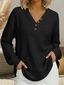 Γυναικείο Μαύρο Waffle Πλεκτό V-Neck Μακρυμάνικο Κουμπί Τοπ Μόδα Φθινόπωρο Casual