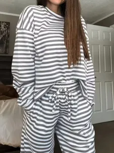 Women autumn striped long sleeve top high waist pants casual loungewear set chic