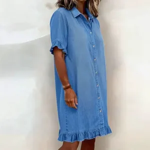 Women short sleeve denim shirt dress casual ruffle hem button down summer blue dress