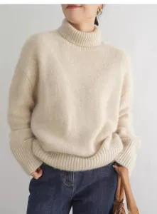 Pull-over tricoté à col roulé épais pour femme, pull ample pour l'automne et l'hiver quotidien.