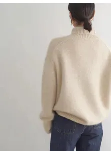 Pull col roulé femme en tricot ample décontracté manches longues automne hiver beige uni