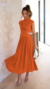 Chic summer stand-up collar cutout long dress, elegant streetwear style fashion apparel.