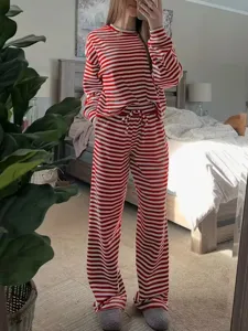 Red and white striped long sleeve top and high waist pants casual lounge set for women