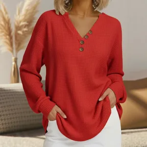 Γυναικείο Casual V-Λαιμό Κουμπί Waffle Μακρυμάνικο Top Φθινοπωρινό Χειμερινό Πουλόβερ Μόδας