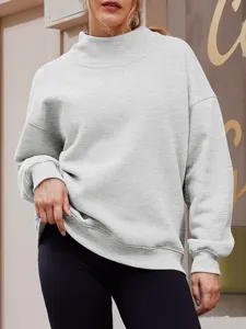Damen lässiger hellgrauer Stehkragen Langarm Oversize Pullover Sweatshirt Detailansicht