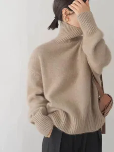 Pull col roulé épais et confortable pour femme, tricot ample décontracté pour automne hiver.