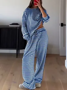 Women autumn striped long sleeve top and high waist long pants casual loungewear set.