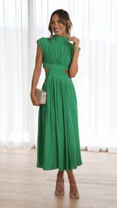 Green sleeveless stand collar cut-out midi dress, elegant summer streetwear style details.