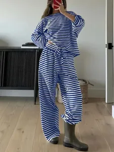 Women blue white striped long sleeve top high waist pants casual set 2026 autumn fashion outfit