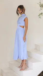 Elegant macaron blue cutout midi dress with mock neck, perfect for chic summer street style.