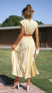 Summer women two piece crop top high waist midi skirt set yellow backless elegant outfit